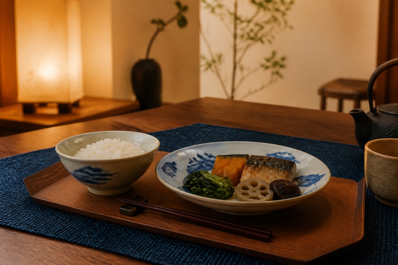 夕方の食卓。染付の平皿と飯碗に料理が盛られ、木のトレーと藍染めのマットが並ぶ